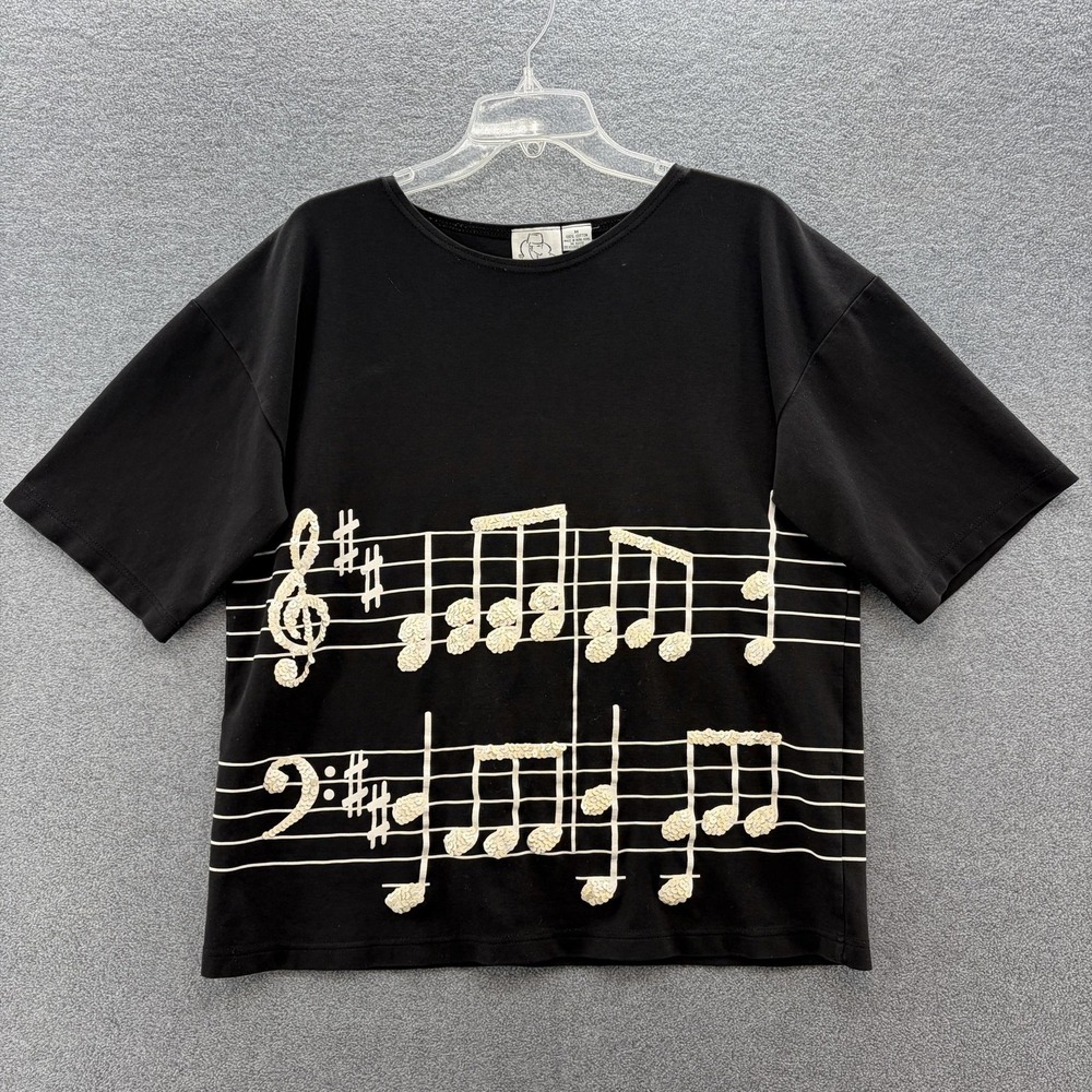 VTG 90s Gantos Top Womens Medium Black Music Note Sequin Graphic Boxy T Shirt